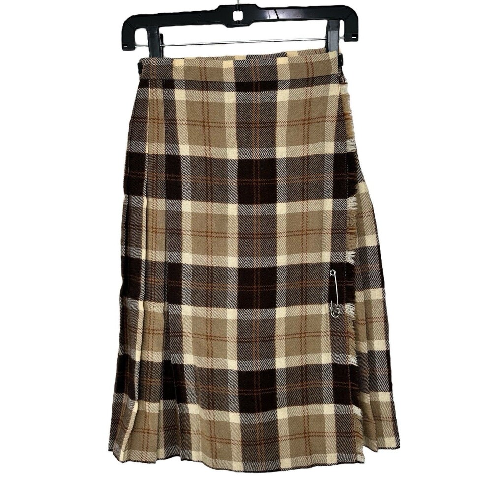 Vintage Pure New Wool Plaid Wrap Kilt Skirt Women’s XS Small Beige Brown Tartan